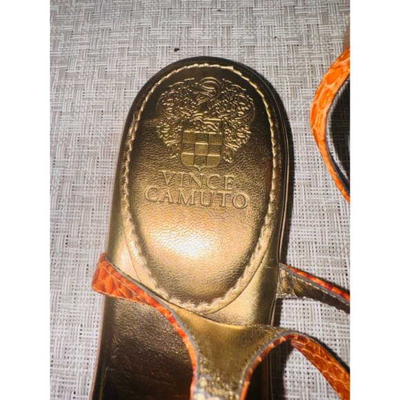 Vince Camuto Orange Snake-Embossed Flat Sandals 9 Gold Leather Flower Accent - Picture 6 of 11